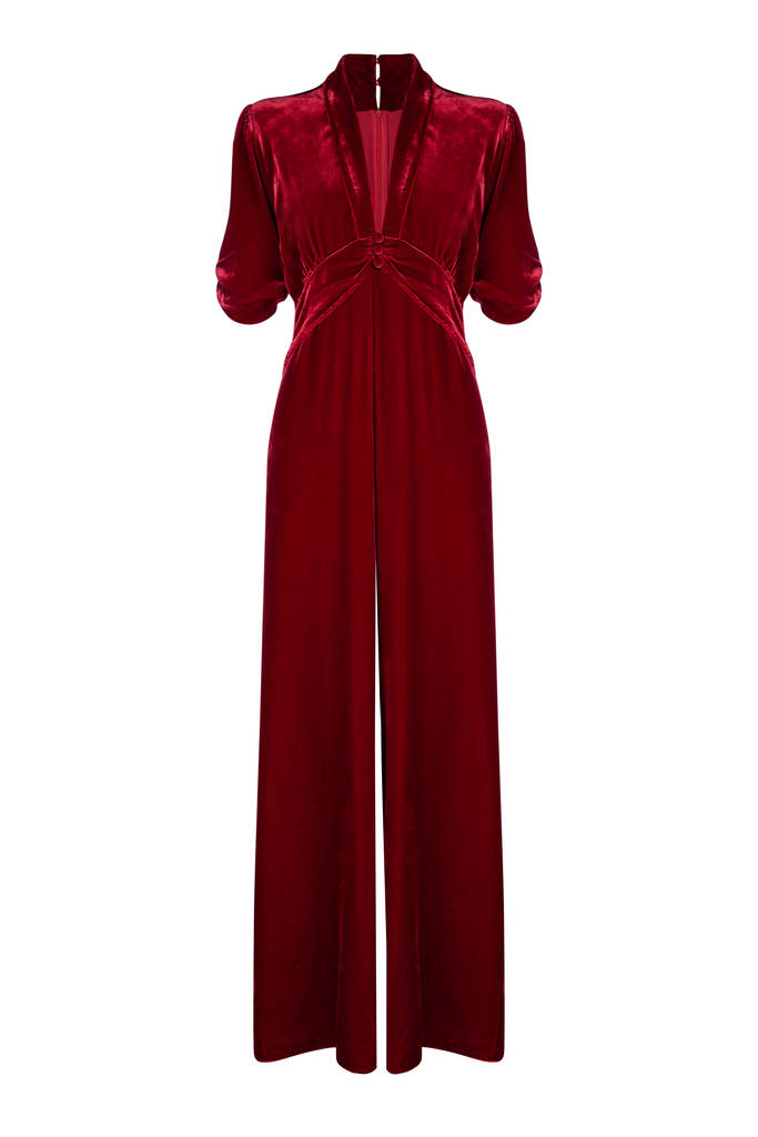 Sumptuous Vintage Style Red Silk Velvet Jumpsuit By Nancy Mac