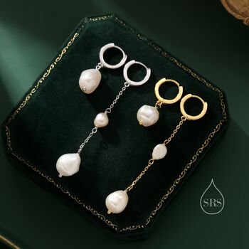 Asymmetric Baroque Pearl Huggie Hoop Earrings, 5 of 11