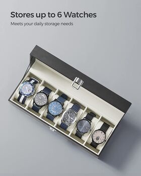 Six Slots Black Watch Box Case With Glass Lid, 4 of 7