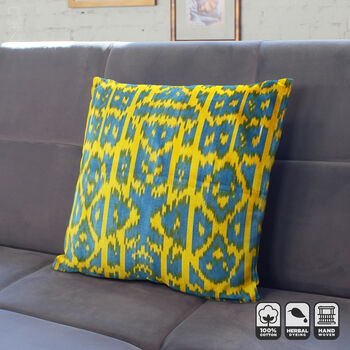 Yellow And Blue Hand Woven Ikat Cushion Cover, 5 of 7