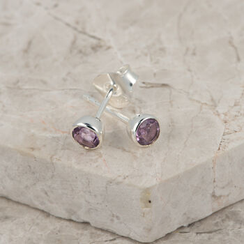 Sterling Silver February Birthstone Stud Earrings Amethyst, 3 of 4