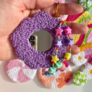 Purple Floral Mirror Handmade Punch Needle Keyring, 2 of 2