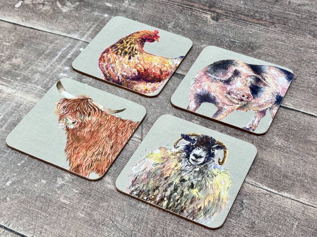 Set Of Four Square Farm Animal Coasters, 1 of 6