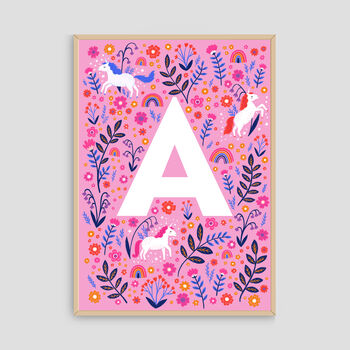 Personalised Unicorn Name Print, Girls A Z Alphabet Art, 2 of 12
