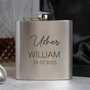 Personalised 6oz Silver Script Best Man Groomsman Hip Flask, 6 of 6