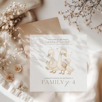 Personalised Family Of Four Geese Card New Baby Card, 3 of 3