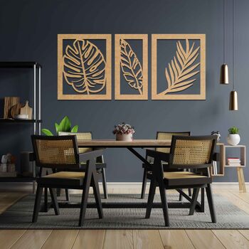 Three Panels Wooden Leaves Wall Art Home Decor, 7 of 9