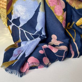 Autumn Leaves Print Scarf In Navy Blue, 3 of 3