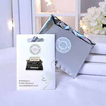 Black Vintage Typewriter Writer's Enamel Lapel Pin Badge, Gift For Writers And Bloggers, 2 of 9