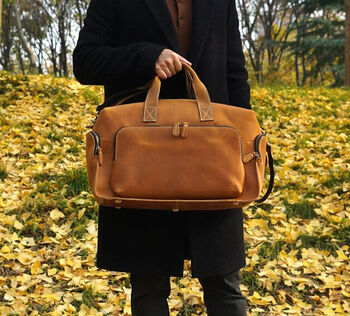 Genuine Leather Weekend Bag With Leather Straps Detail, 4 of 12