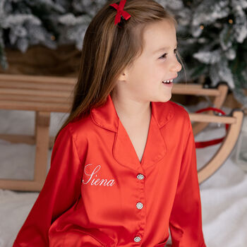 Matching Personalised Mum And Daughter Red Christmas Silky Pyjama Set, 5 of 12