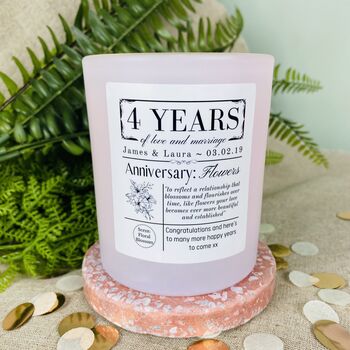 Personalised 4th Flowers Anniversary Meaning Candle, 3 of 11
