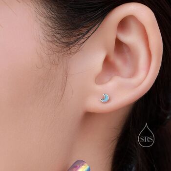 Extra Tiny Opal Moon Stud Earrings In Sterling Silver, 7 of 11