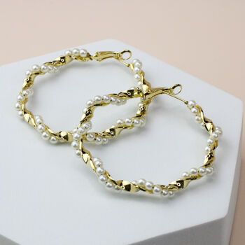 Gold Pearl Twisted Hoop Earrings, 2 of 3