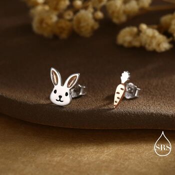 Mismatched Rabbit And Carrot Stud Earrings In Sterling Silver With Partial Rose Gold, 2 of 12