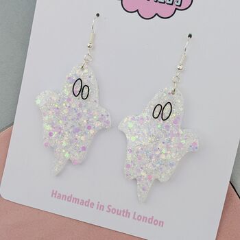 White Glitter Ghost Resin Halloween Earrings, 3 of 4