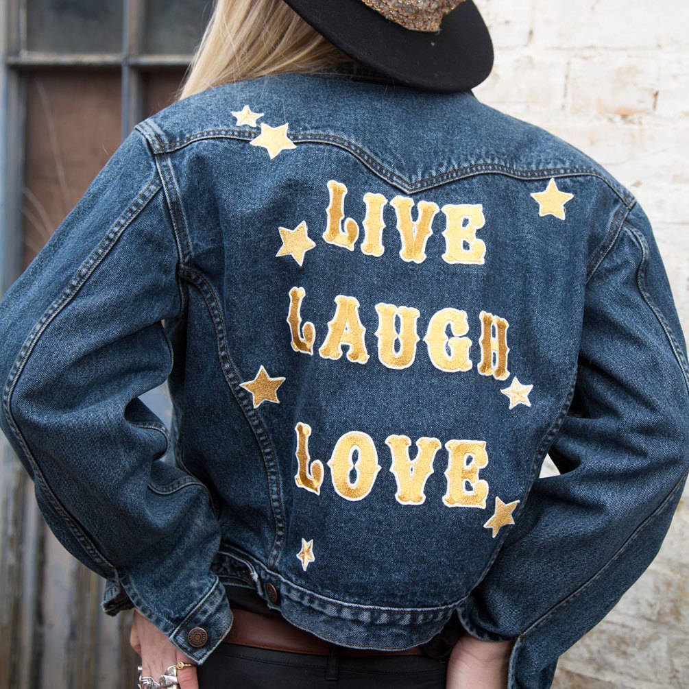 'Live, Laugh, Love' Embroidered Denim Jacket, 1 of 5