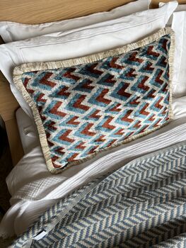 Modern, Oblong, Velvet, Ikat, Cushion With Silk Tassels Brown, Blue, Cream Herringbone Pattern Design, 5 of 10