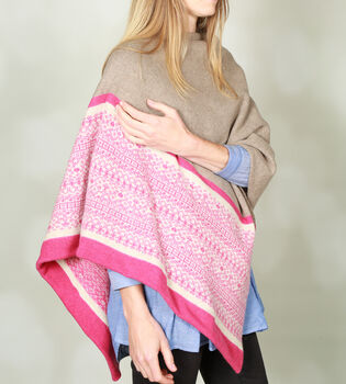 Soft Handmade Fair Isle Knitted Poncho Pink Natural, 2 of 12