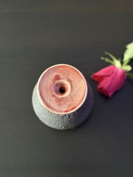 Handmade Porcelain Vase Textured Charcoal Black Base With Glossy Red Glazed Rim, 4 of 5