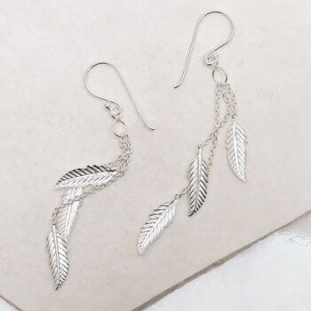 Sterling Silver Cascading Feather Dangly Earrings, 3 of 5