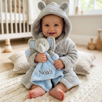 Personalised Grey Baby Gown And Blue Elephant Comforter Set, 2 of 12