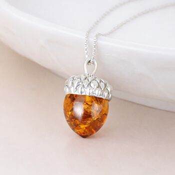 Personalised Sterling Silver Baltic Amber Acorn Pendant Necklace, 3 of 8