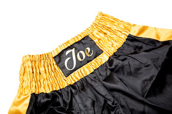 Personalised Boxing Shorts – Black And Gold Satin, 3 of 7