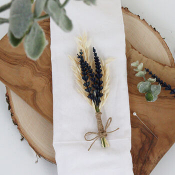 Dried Flower Cream And Navy Lavender Buttonhole, 7 of 8