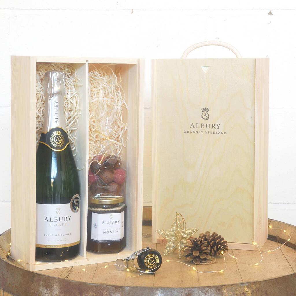 English Sparkling Wine Gift Box, Honey And Chocolates By Albury Organic