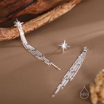 Sterling Silver Delicate Starburst Dangle Drop Stud Earrings, 7 of 12