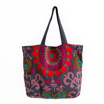 Embroidered Suzani Shoulder Bag In Dark Grey, 2 of 12