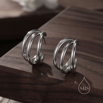 Chunky Triple Hoop Stud Earrings Sterling Silver, 3 of 12