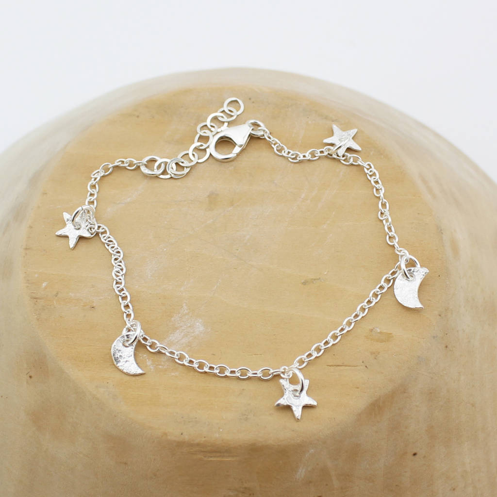 Sterling Silver Star And Moon Charm Bracelet By Lucy Kemp Silver