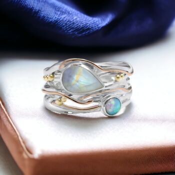 Moonstone And Blue Fire Opal Ring In Sterling Silver, 2 of 8