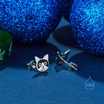 Sterling Silver Tuxedo Cat Enamel Stud Earrings, 3 of 9