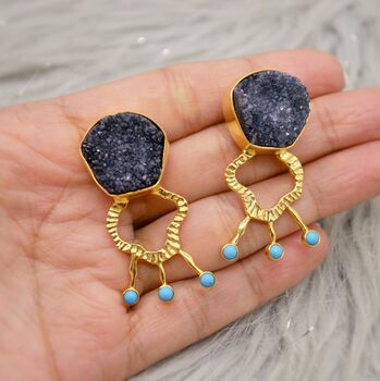 Black Agate, Turquoise Gold Earrings, 5 of 7