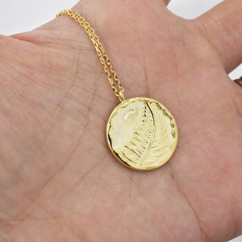 Sterling Silver Fern Leaf Round Disk Coin Pendant Necklace, 4 of 11