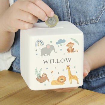 Personalised New Baby Safari Money Box, 3 of 5