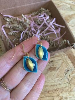Ceramic Turquoise Leaf Dangle Earring Gold Plated, 4 of 4