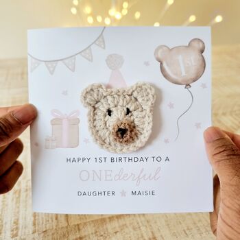 Personalised Girl Crochet Bear 1st Birthday Card, 2 of 5