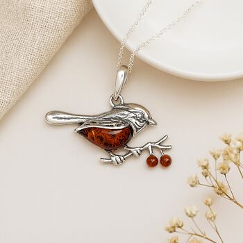 Personalised Sterling Silver Robin Necklace With Baltic Amber, 4 of 9