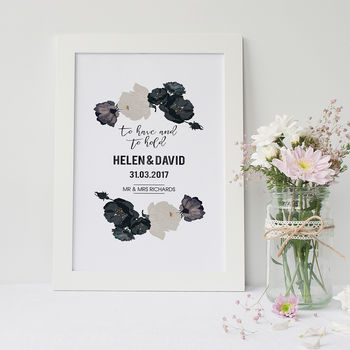 Black And Ivory Roses Personalised Wedding Print, 4 of 4