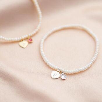 Sterling Silver Heart And Birthstone Pearl Bracelet, 2 of 8