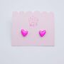 Neon Pink Wonky Wooden Heart Stud Earrings, thumbnail 5 of 6