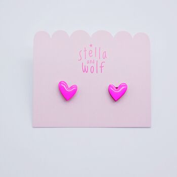 Neon Pink Wonky Wooden Heart Stud Earrings, 5 of 6