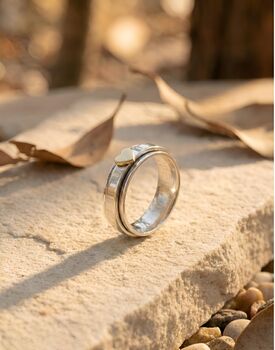 Golden Heart Handmade Silver Spinner Ring Hammered Band, 3 of 3