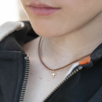 Tiny 9k Yellow Gold Cross On Leather Necklace, 2 of 6