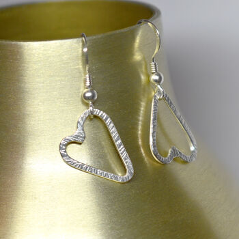 Handmade Hammered Sterling Silver Heart Hook Earrings, 2 of 4