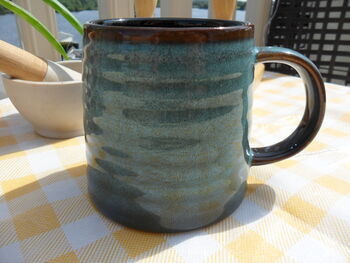 Set Of Four Reactive Glaze Brûlée Mugs In Lagoon Blue And Dark Chocolate, 7 of 7
